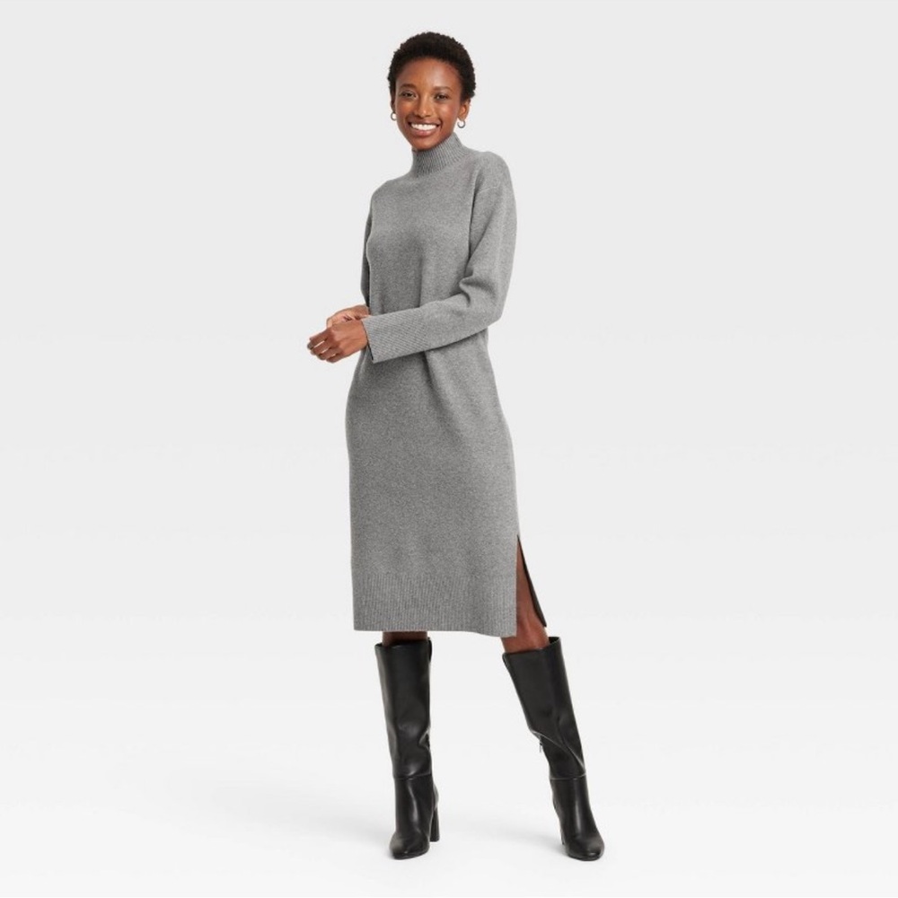 Women's Long Sleeve Midi Sweater Dress - A New Day Gray S